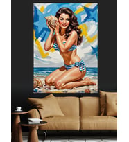 Plajda Pin-Up Kız Mayo Dekoratif Kanvas - Mdf Ahşap Tablo