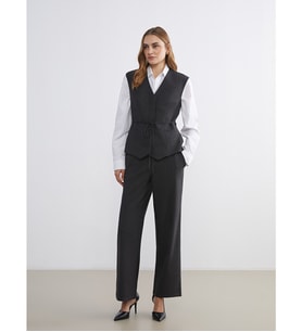 LCWAIKIKI Classic Gri Beli Lastikli Çizgili Kadın Pantolon