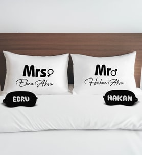 BK Gift Kişiye Özel Mr Mrs İsimli Tasarımlı Pamuklu Yastık Kılıfı ve Göz Bandı Çift Uyku Seti-1, Tasarım Ev Tekstili, Uyku Bandı, Ev Hediyesi