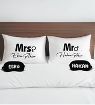 BK Gift Kişiye Özel Mr Mrs İsimli Tasarımlı Pamuklu Yastık Kılıfı ve Göz Bandı Çift Uyku Seti-1, Tasarım Ev Tekstili, Uyku Bandı, Ev Hediyesi