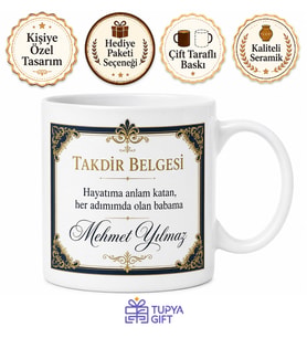 Takdir Belgeli Baba Yazılı Kupa Bardak Babalar Günü Hediyesi Özel Tasarım