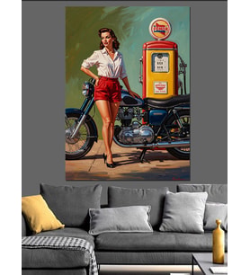 Petrol Ofisi Önünde Retro Kadın Dekoratif Kanvas - Mdf Ahşap Tablo