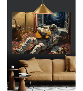 Huzurlu Astronot Gitar Çalarken Dekoratif Kanvas - Mdf Ahşap Tablo