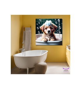 Tekli Kare Kanvas  Küvette Banyo Yapan Yavru Köpek Tasarımı