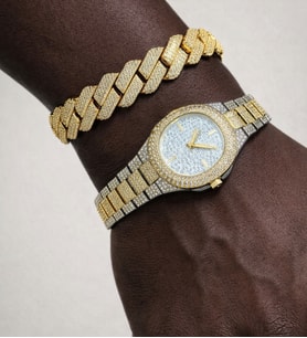 Taşlı Gold Iced Out Saat Ve Gold Küba Bileklik Seti (Altın-Gümüş)