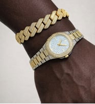 Taşlı Gold Iced Out Saat Ve Gold Küba Bileklik Seti (Altın-Gümüş)