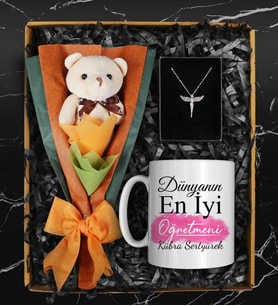 Öğretmenler Gününe Özel Tasarımlı Kupa &  Peluş Ayıcık Buketi & Melek Kolye Hediye Seti (Pembe)