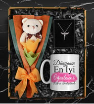 Öğretmenler Gününe Özel Tasarımlı Kupa &  Peluş Ayıcık Buketi & Melek Kolye Hediye Seti (Pembe)