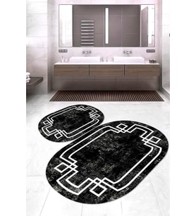 Dijital Baskılı Kaymaz Taban Yıkanabilir Oval 2'li Klozet Takımı Banyo Paspası NOKZ-SD-597 (Siyah)