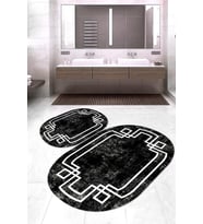 Dijital Baskılı Kaymaz Taban Yıkanabilir Oval 2'li Klozet Takımı Banyo Paspası NOKZ-SD-597 (Siyah)