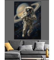 Uzay Boşluğunda Astronot Ve Gezegen Dekoratif Kanvas - Mdf Ahşap Tablo