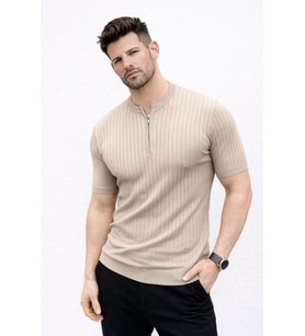 Erkek Kısa Kol Fitilli Triko T-Shirt Yazlık Hakim Yaka Tişört - Bej
