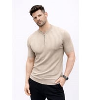 Erkek Kısa Kol Fitilli Triko T-Shirt Yazlık Hakim Yaka Tişört - Bej