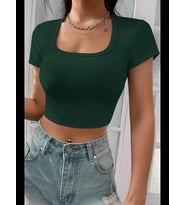 Fantezia Night Kadın Kahverengi Yarım Kol Düz Yaka Crop Top Bluz