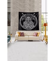 Siyah Viking Tanrısı Leke Tutmaz Kadife Kumaş Duvar Örtüsü Duvar Halısı Tapestry (Siyah-Gri)