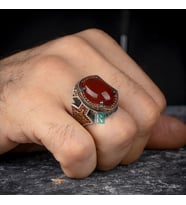 Oval Akik Kırmızı-yeşil Taşı 925 Ayar Gümüş Yüzük Yanlardan Mini Zirkon Işlemeli (Kırmızı)