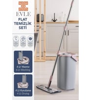 Lavine Premium Flat Mop Seti Gri, Su Tahliyeli Kova, Paslanmaz Çelik Sap