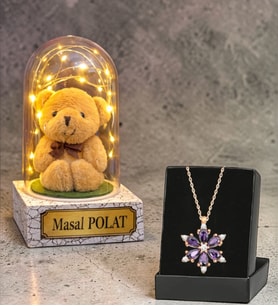 Size Özel Ayıcıklı Led Işıklı Fanus ve Gerçek Ametist Taşlı Lotus Kolye
