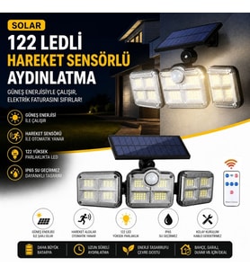 3&amp;apos;lü 122 LEDLİ Güneş Enerjili Hareket Sensörlü Aydınlatma, Dış Mekan Duvar ve Bahçe Lambası Solar LED (5680)