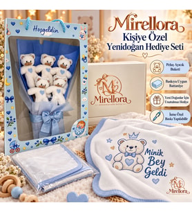 Kişiye Özel Bebek Battaniyesi ve Peluş Ayıcık Buketi – 5 Ayıcıklı Set