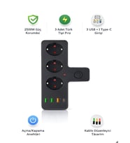 2500W 3 lü Priz 2M Uzatma Kablosu 3xUSB 1xType-C Bakır İletken Çocuk Akım Korumalı Çoklu üçlü Priz