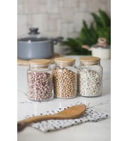 3 Lü Set Bambu Kapaklı Cam Kavanoz & Erzak Saklama Kabı 800 ml Orta  Boy ( Vakum Kapak )