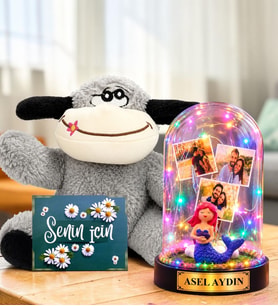 Kişiye Özel Yazılı 3 Fotoğraflı Renkli LED Işıklı Fanus(denizkızı) ve Şaşkın Peluş Eşek