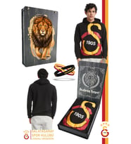 Galatasaray Orijinal Lisanslı Kapüşonlu Logo Erkek Sweat Gs Bileklik Set Ahşap Kutulu (Siyah)