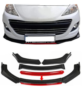 Peugeot 307 Kırmızı Renkli Şeritli Dilli Ön Lip 4 Prç Parlak Siyah ABS