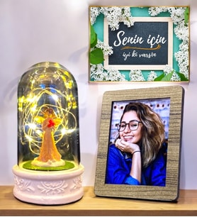 Kişiye Özel Fotoğraflı Led Işıklı Fanus  Şans Melekli