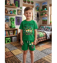 Cg Kids Expert Crafter Baskılı Erkek Çocuk Yeşil Baskılı Pamuklu Şortlu Takım