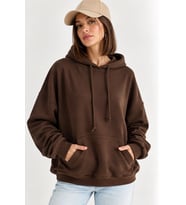 Taş İşlemeli Kanat Detaylı Kapüşonlu Rahat Kesim Kanguru Cepli Kadın Sweatshirt - Kırmızı