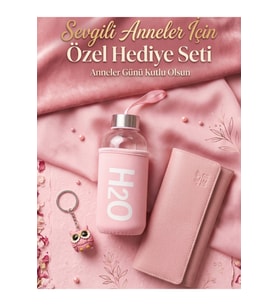 Hakiki Deri Cüzdan Anahtarlık ve Kare Kılıflı Matara Seti Anneler Günü Hediyesi