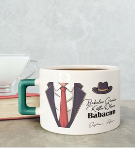 BK Gift Kişiye Özel Babalar Günü Tasarımlı Yeşil Kulplu Çay & Kahve Fincanı-4, Babaya Hediye, Babalar Günü Hediyesi
