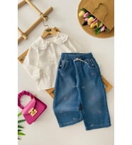 Miniğimin Cicileri Fiyonk Nakışlı Gömlekli Denim Pantolonlu Kız Çocuk Premium 2 li Takım - Mavi