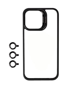 iPhone 15 Pro Kılıf Kamera Lens Korumalı Standlı Klon Lensli Kılıf (Siyah)