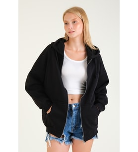 Giyim Dünyası Kadın 3 İp Şardonlu Kapüşonlu Fermuarlı Oversize Sweatshirt Siyah