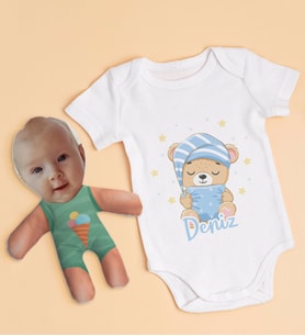 BK Kids Kişiye Özel Fotoğraflı Bebek Yastık ve Bebek Body Zıbın Hediye Seti - Model 11