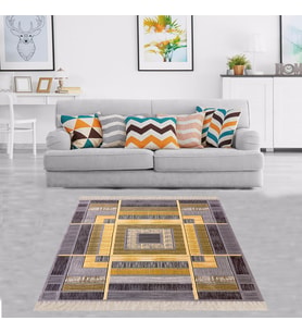 Geometrik Kare Blok Desenli Dijital Baskı Yıkanabilir Kaymaz Taban Modern Salon Halısı ve Yolluk (KAHVE)
