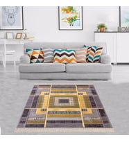 Geometrik Kare Blok Desenli Dijital Baskı Yıkanabilir Kaymaz Taban Modern Salon Halısı ve Yolluk (KAHVE)