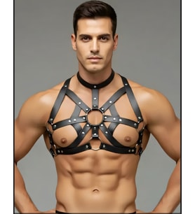 Erkek Siyah Yıldız Tasarımlı Deri Görünümlü Göğüs Harness 503
