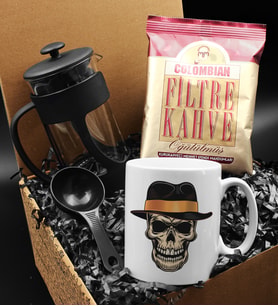 Özel Tasarımlı Şapkalı Kuru Kafa Kupa & French Press & Columbian Filtre Kahve Hediye Seti