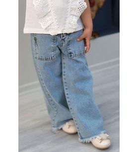 Breeze Kız Çocuk Jean Pantolon Geniş Paça Düğmeli Paçası Püskül Detaylı 5-9 Yaş, Açık Mavi