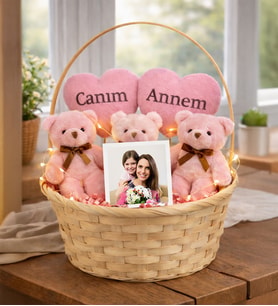 Kişiye Özel Fotoğraflı Canım Annem Tasarımlı Pembe Peluş Ayıcık Sepeti