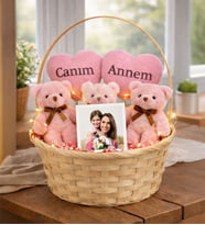 Kişiye Özel Fotoğraflı Canım Annem Tasarımlı Pembe Peluş Ayıcık Sepeti