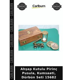 Özel Üretim Dekoratif Koleksiyon Vintage Ahşap Kutulu Pirinç Pusula,Kumsaati,Dürbün Seti 15682