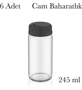 Cam Baharatlık Seti 245 ml, Siyah Kapaklı, 6 Adet