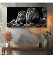 Yatay Panoramik Kanvas Tablo İki Aslan Hayvan Tablosu Ev Ofis Duvar Dekoru