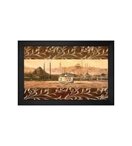 İstanbul ve Gemi Motifli Kanvas Tablo 80 x 110 cm Siyah Çerçeve