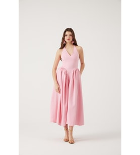 Boyundan Bağlamalı Bele Oturan Uzun Ophelia Elbise Sarı (Pembe)